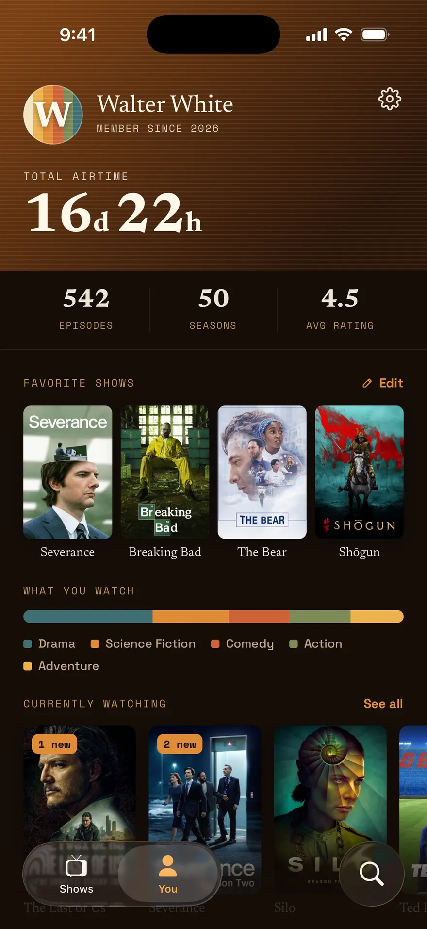 A profile showing total airtime, episode and season counts, and favorite shows