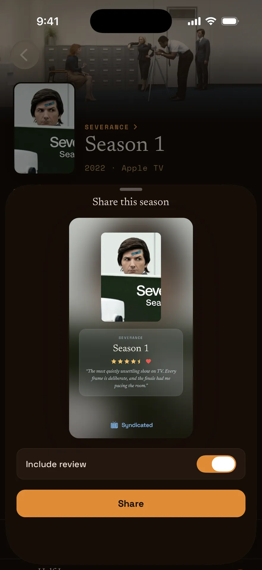 The share screen previewing a season story card with its poster and rating