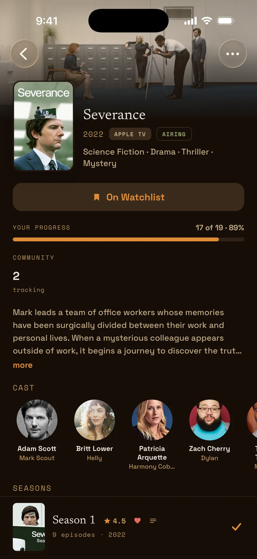A show page with seasons, rating and progress