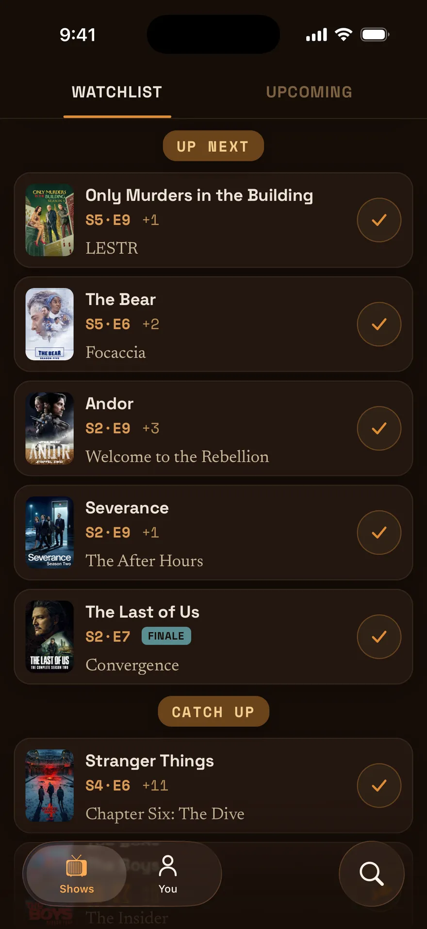 The Watchlist with the Up Next section listing the next episode of each show