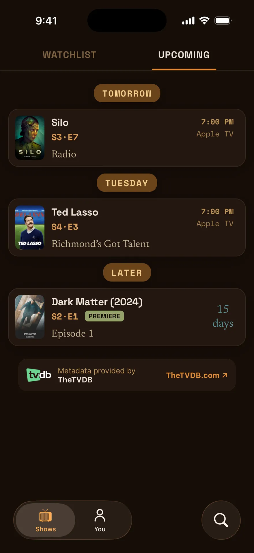 The Upcoming tab listing episodes by date with their air times and networks
