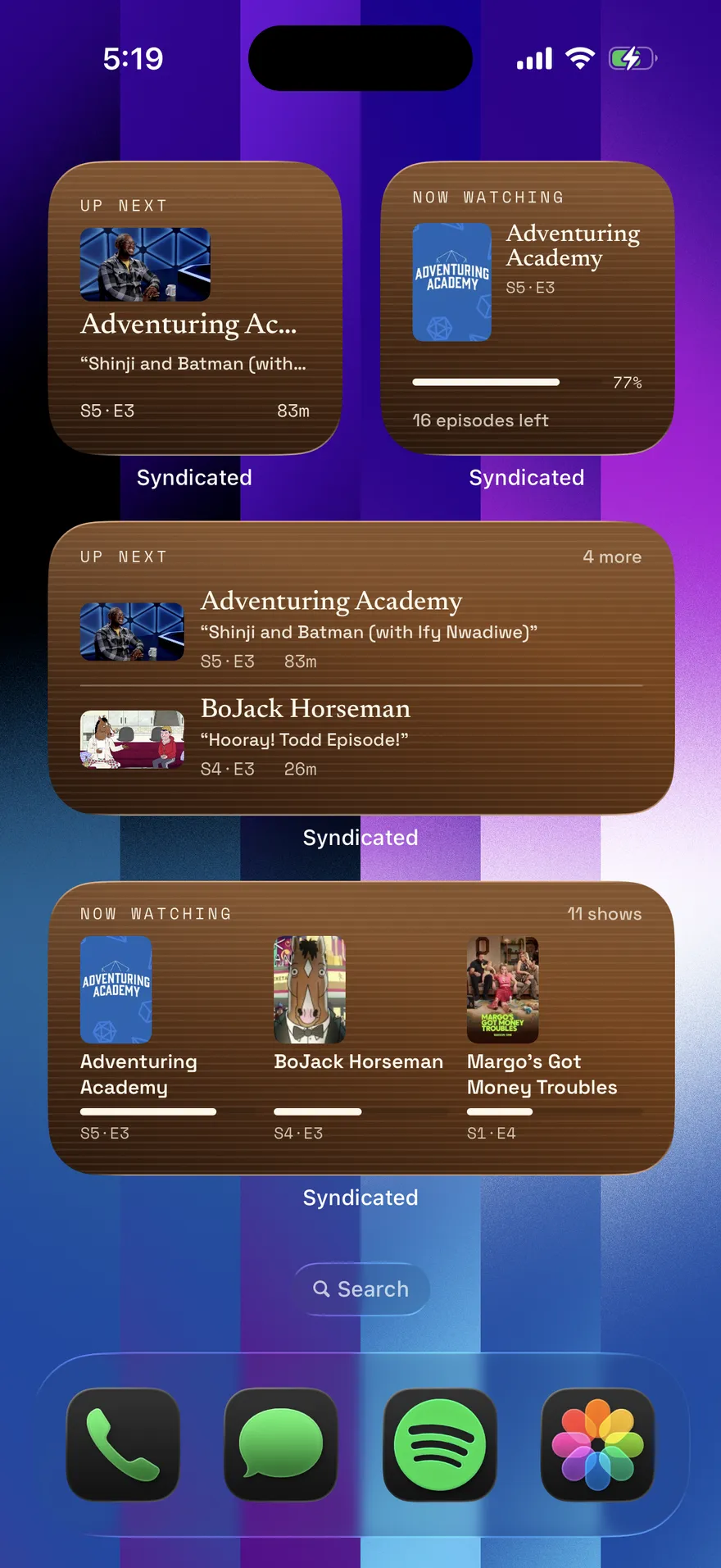 A phone home screen with the Up Next and Now Watching widgets